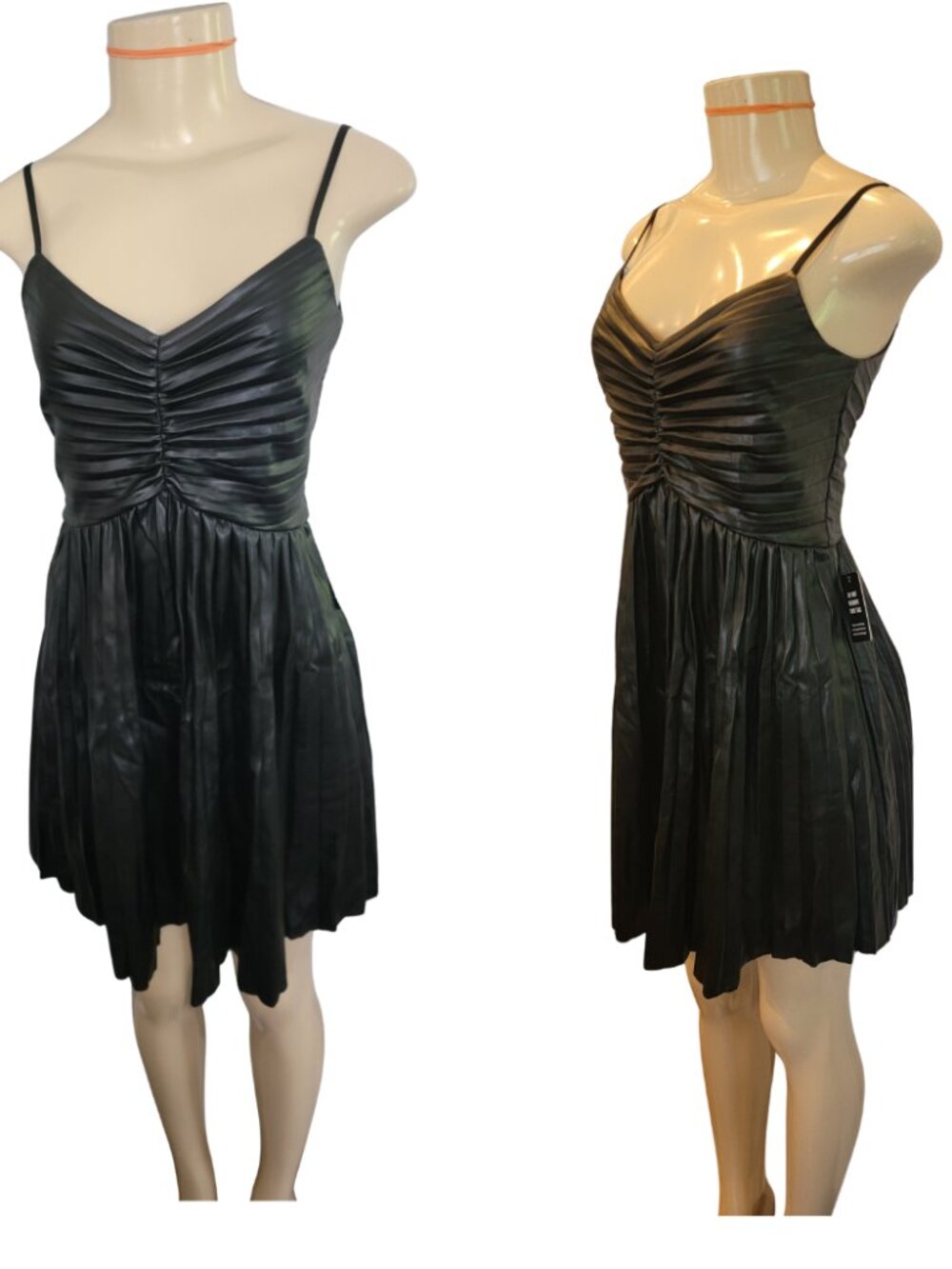 Express Faux Leather V-Neck Pleated Fit And Flare Mini Little Black Dress. - Picture 2 of 15